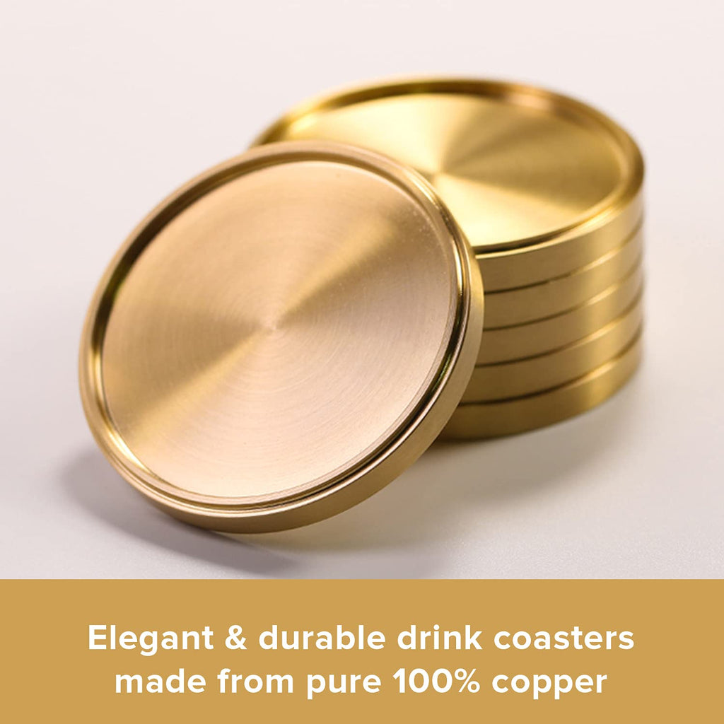 Heavy Brass Coasters for Drinks (6-Pack) - Solid Bronze Gold Coasters - Classy MCM Style Premium Coaster Set - 5 Star Hotel Table & Bar - Board Room Elegant Copper Cup Holder - L