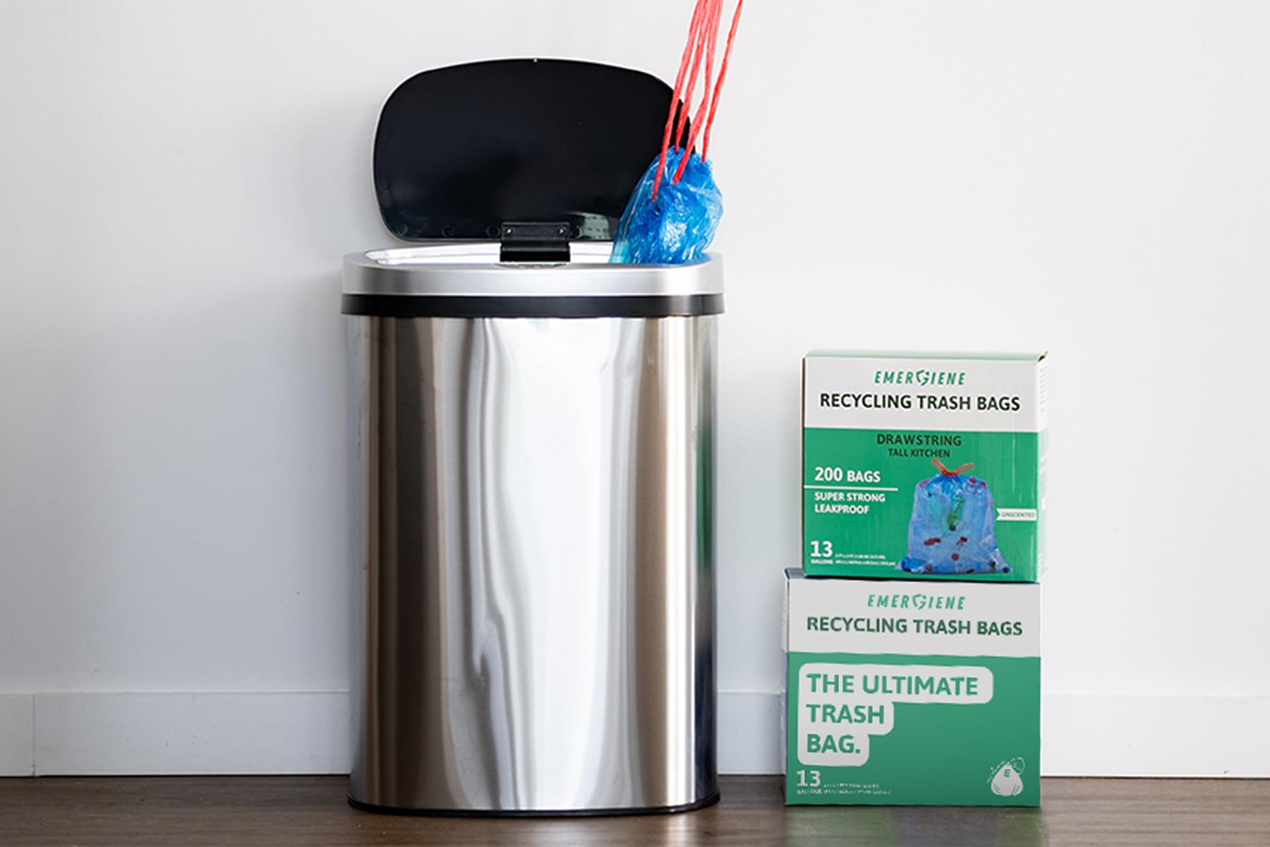 Emergiene 13 Gallon Recycling Trash Bags, 200 Count Drawstring Tall Kitchen Garbage Bags, Pre-Separated, Unscented, Ultra Strong, Leakproof, Sturdy, Translucent Blue