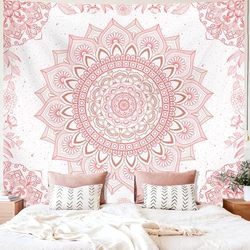 Pink Boho Mandala Wall Tapestry - 60" x 51" Bohemian Floral Decor