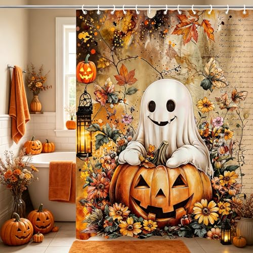 Yellow Halloween Shower Curtain with Ghost & Pumpkin - 72x72 Inch Waterproof Fabric Set