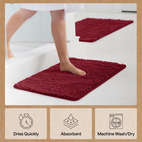 GORILLA GRIP Bath Rug Mat - Soft Absorbent Chenille | Quick-Dry Microfiber, 48x17, Burgundy