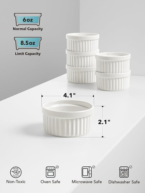 LE TAUCI Ramekins - 6 Oz Ceramic Souffle Dishes | Oven Safe Custard Cups Set of 6 in White