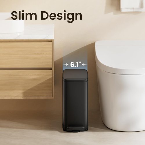 Cesun Slim Bathroom Trash Can - 6L Stainless Steel Wastebasket with Soft Close Lid & Foot Pedal | Black