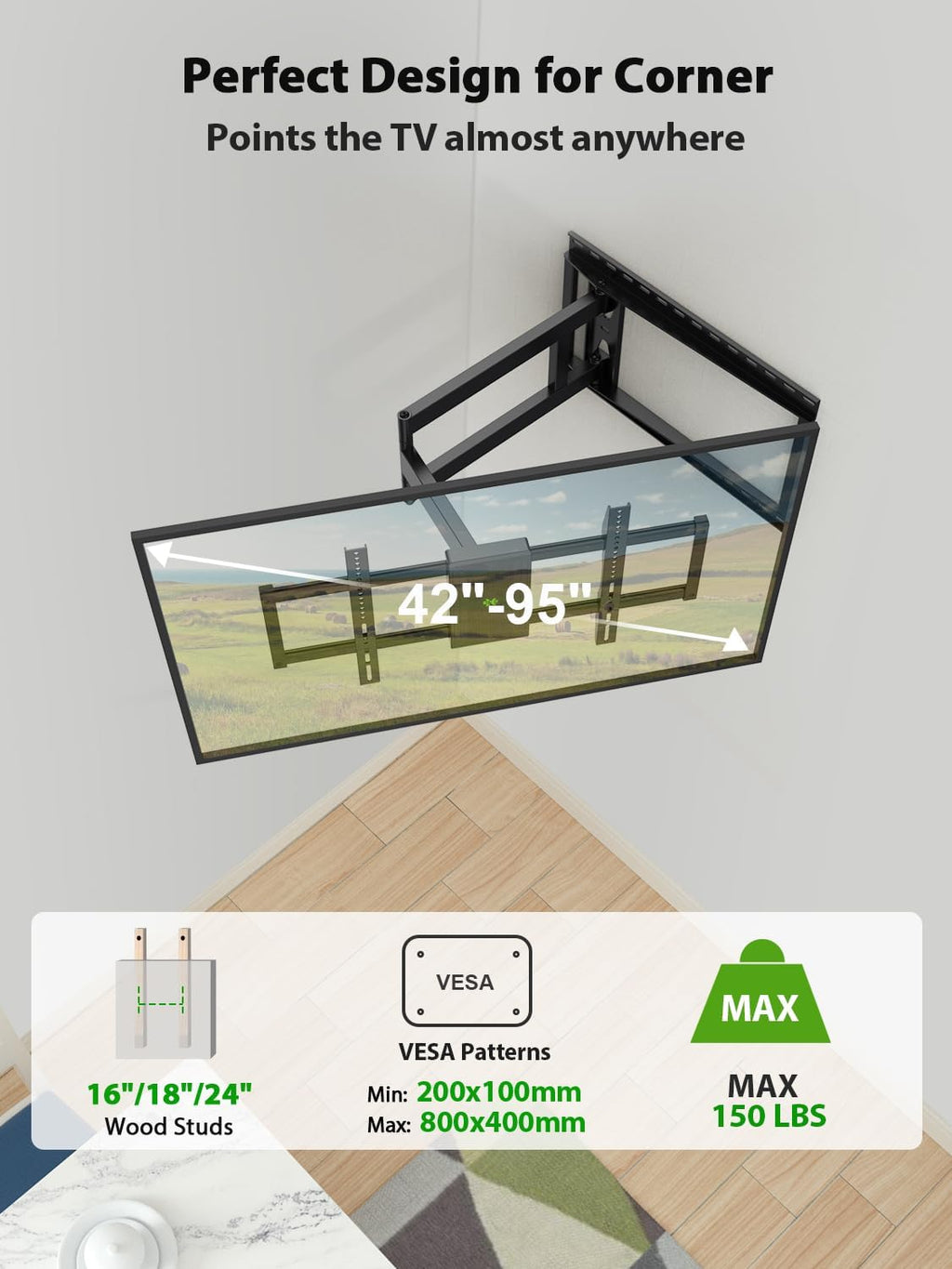 USX Mount Long Arm TV Wall Mount - Full Motion Design for 42-95 Inch TVs | 40 Inch Extension, Swivel & Tilt, 150lbs Capacity