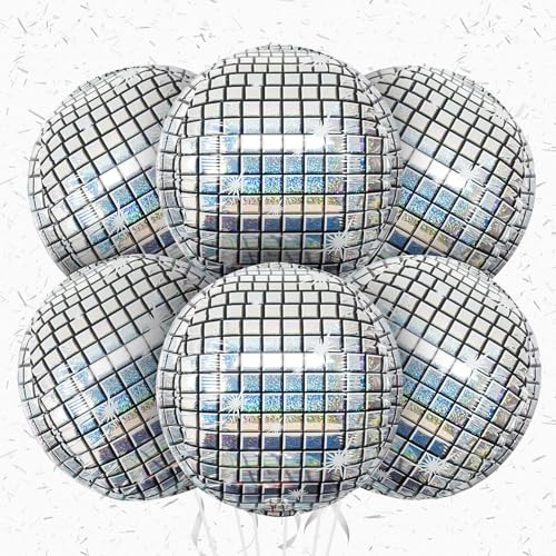 Adorely 22-Inch Laser Silver Disco Ball Balloons, 6-Pack 4D Foil Party Decor