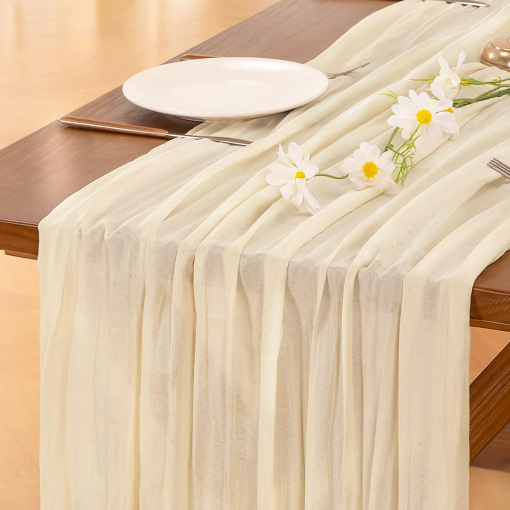 Socomi Cheesecloth Table Runner - 120 Inch Beige Boho Rustic Decor for Weddings & Events