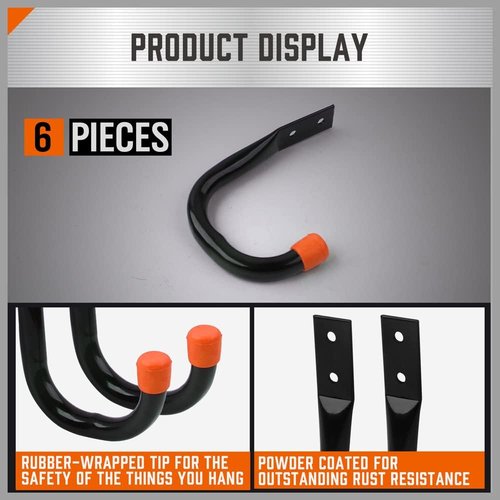 HORUSDY Heavy Duty Metal Wall Hooks - 6-Pack Large Garage Storage & Organization Hooks | Black