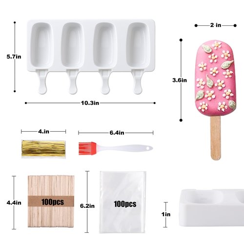 Juome Cake Pop Mold Kit, 2 Pack 8 Cavities Cakesicle Molds Silicone with 100 Wooden Sticks & 100 Packaging Bags with Ties, Cake Pop Maker Supplies Accessories, Baking Tools for Home Baking Desserts