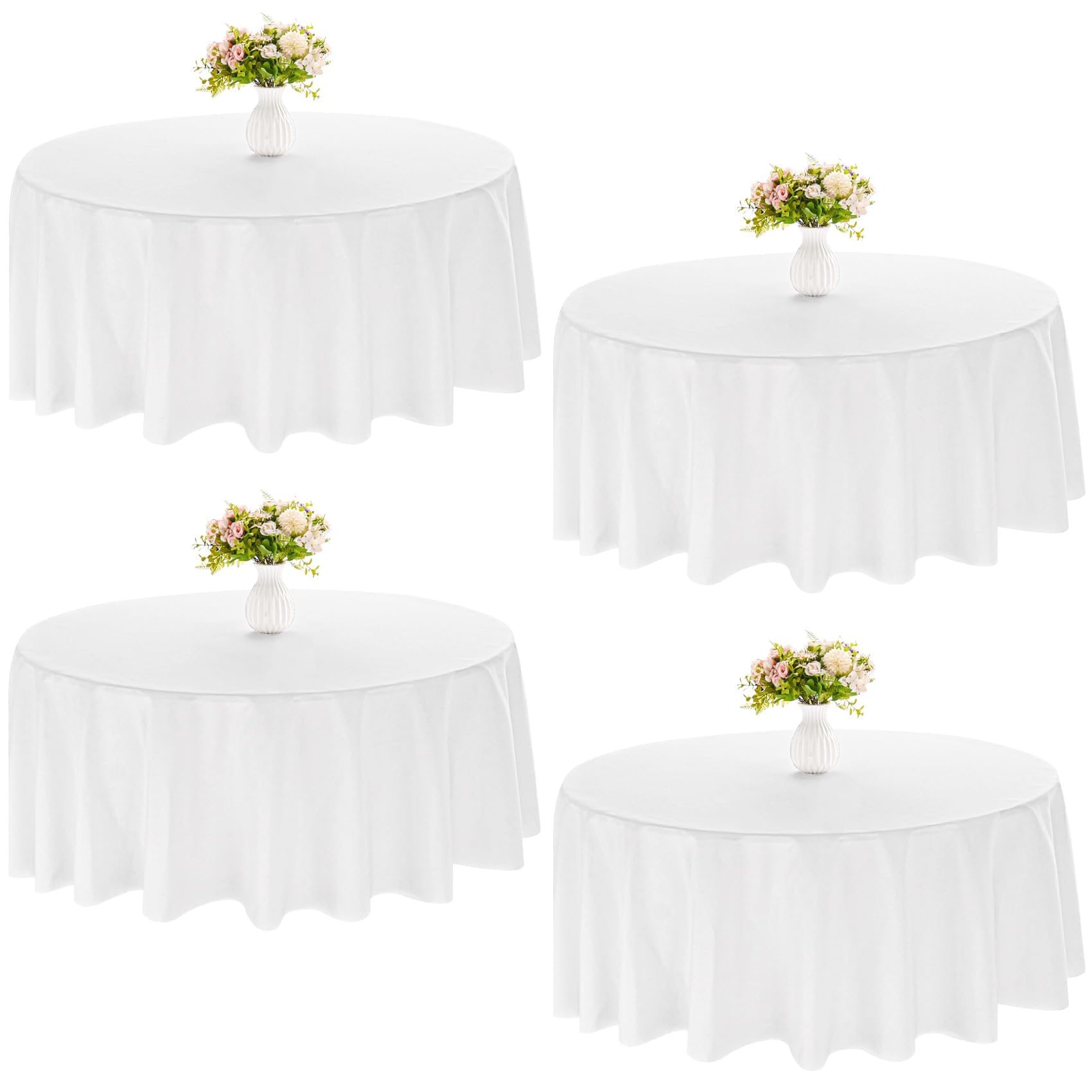 JALANCY 4 Pack Round Tablecloth 108 Inch White Polyester Washable Fabric Table Covers for Wedding Dining Table Buffet Parties Banquet Decor