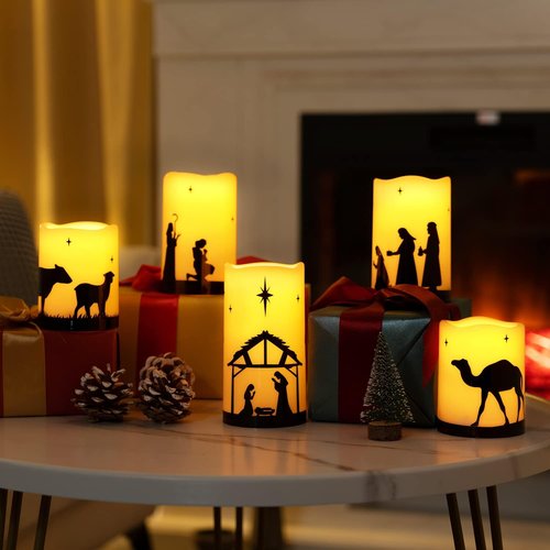 Homemory Flameless LED Pillar Candles - Battery Operated Nativity Scene Decor | 5 Pack with Remote Timer