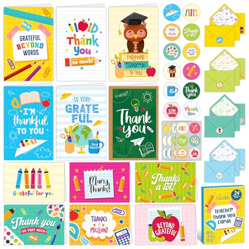 24 Pack Colorful Teacher Thank You Cards - 4x6in Set