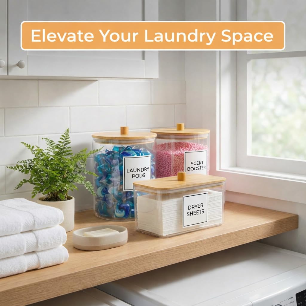 Just Peachy Home Laundry Pods Containers for Organizing Dryer Sheet Holder & Laundry Jars with Lids, Labels & Scoops - Acrylic Laundry Storage Containers for Powder, Pods, Detergent, Scent Booster