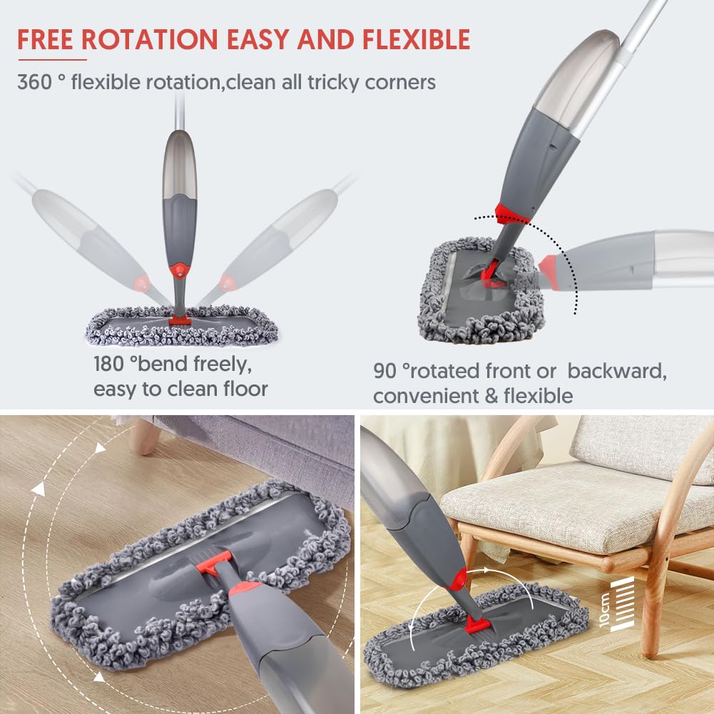 Microfibre Spray Floor Mops for Floor Cleaning, Domi-Patrol Cleaning Mops for Hardwood Laminate Tiles Floors, Dry Wet Mop Dust Mops with 3 Mop Heads Replacement Pads & 635 ML Bottle