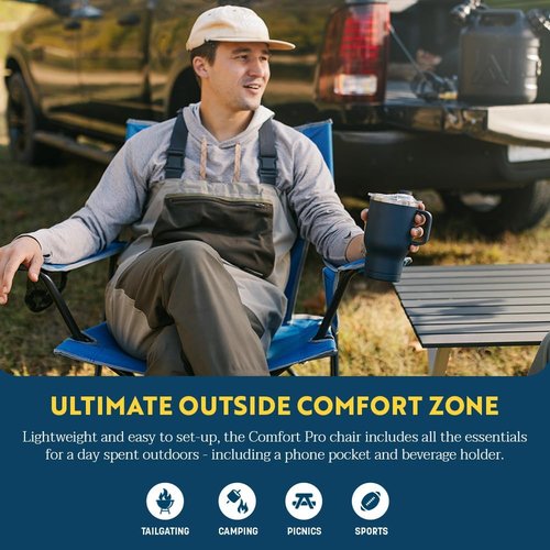 GCI Outdoor Comfort Pro Camping Chair - Collapsible Folding Design with Durable Armrests & Drink Holder - Heathered Royal