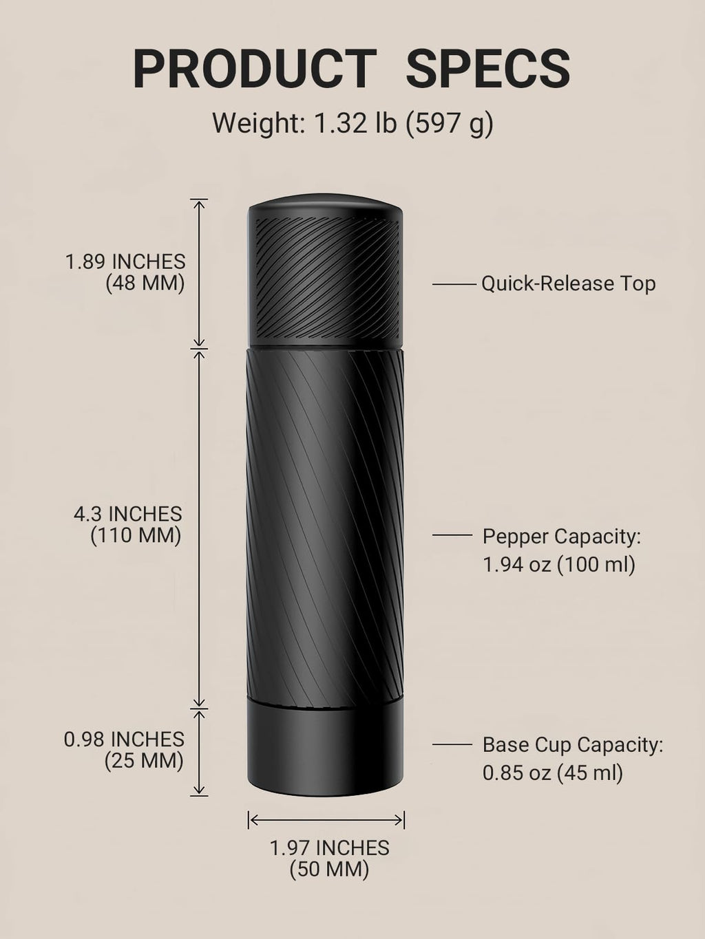 Pepper Grinder, Homnoble Professional Grade Pepper Grinder, Heavy Duty Pepper Mill, Refillable Aluminum Manual Pepper Mill with Adjustable Coarseness and Stainless Steel Blade