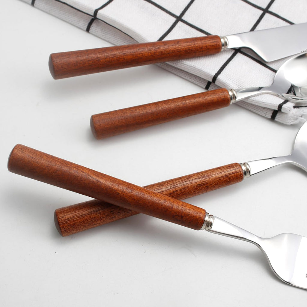 Chenshuo Wooden Handle Stainless Steel Flatware Set, Metal Forks for Home Kitchen Restaurant Hotel, Polish Forks Silverware With Brown Handle, 7.7 Inch 4 Pcs