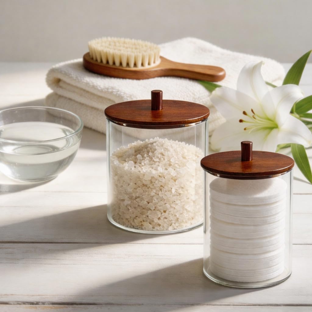 Skiennix Glass Qtip Holder Dispenser Set - 15oz & 10oz Cotton Swab Canisters with Acacia Lids | Bathroom Vanity Organizer (2 Pack)