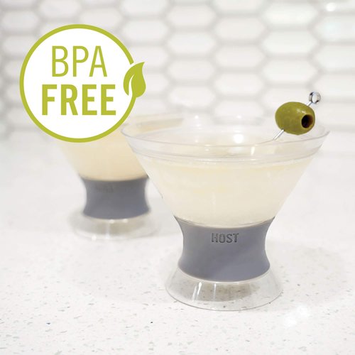 Host Freeze Insulated Martini Glasses Set of 4, Plastic Freezer Gel Chiller Double Wall Stemless Coupe and Cocktail Glass, 9 oz, Grey