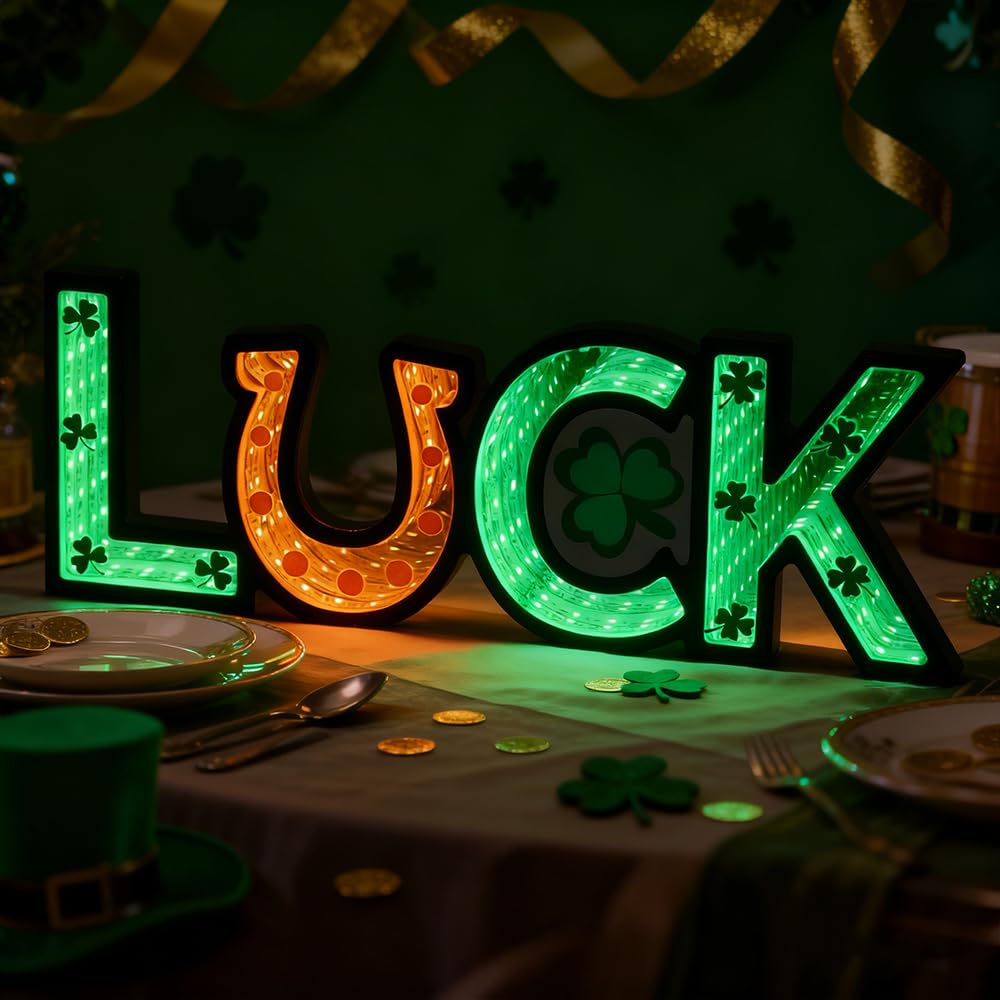 MEETYAMOR St Patricks Day Decorations, Luck Sign Infinity Mirror Tunnel Light with Shamrock for St Patricks Day Decor, Night Lights with Endless Extension for Home Living Room Table Centerpiece