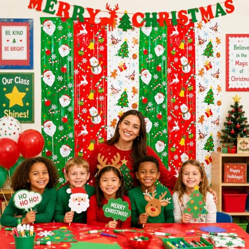 Festive Foil Fringe Curtains Red Green White with Santa & Reindeer - Christmas Party Backdrop & Photo Booth Props - 3 Pack