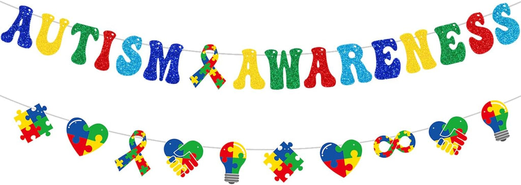 YEIRFYY Glittery Autism Awareness Banner - Colorful Puzzle Piece Garland for Inspirational Support