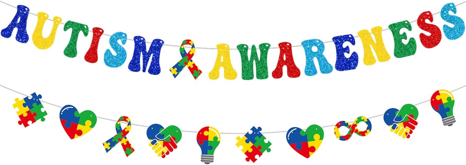 YEIRFYY Glittery Autism Awareness Banner - Colorful Puzzle Piece Garland for Inspirational Support