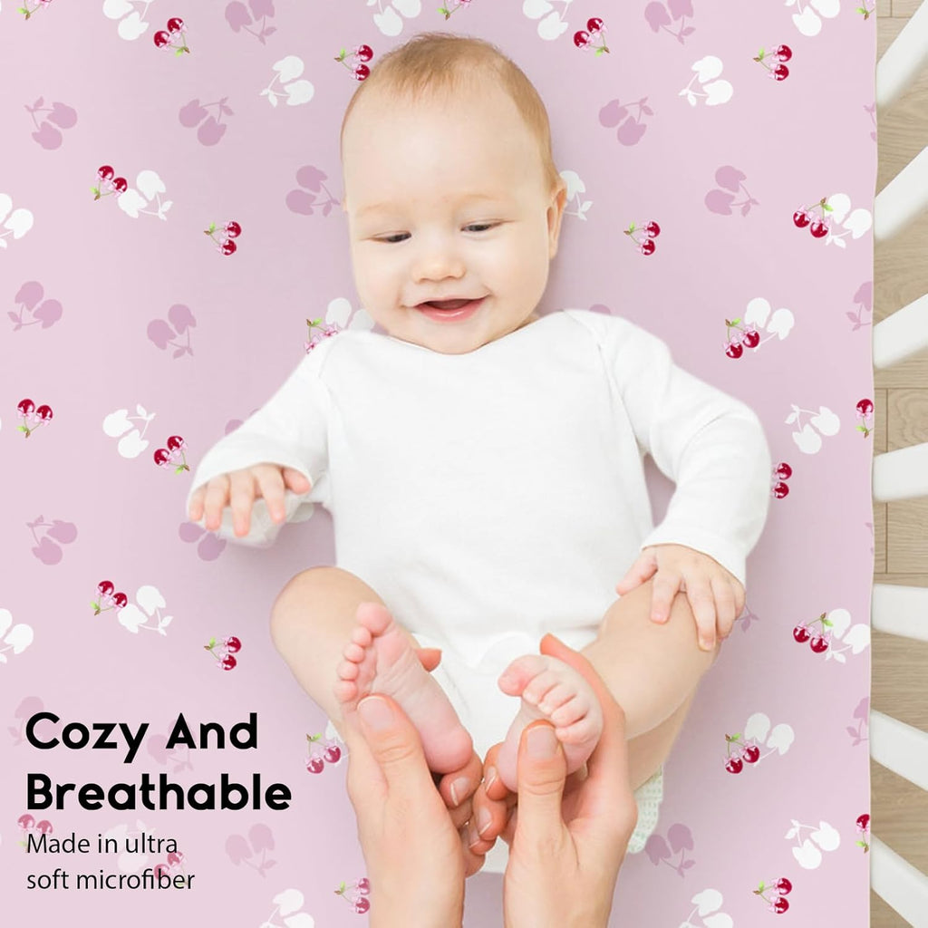 Yoofoss Fitted Baby Crib Sheets - Super Soft Microfiber 2-Pack for Standard Crib & Toddler Mattress | Pink & Cherry 28x52x8in