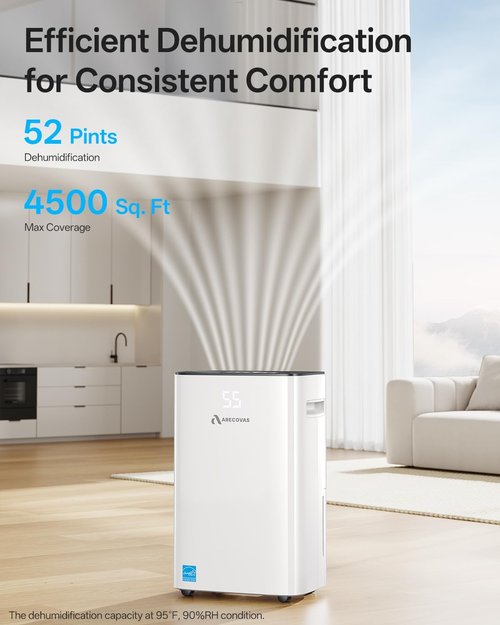 **Dehumidifier | 52 Pints Energy Star Certified for Large Rooms Up to 4500 Sq.Ft - Auto Defrost & 24H Timer**