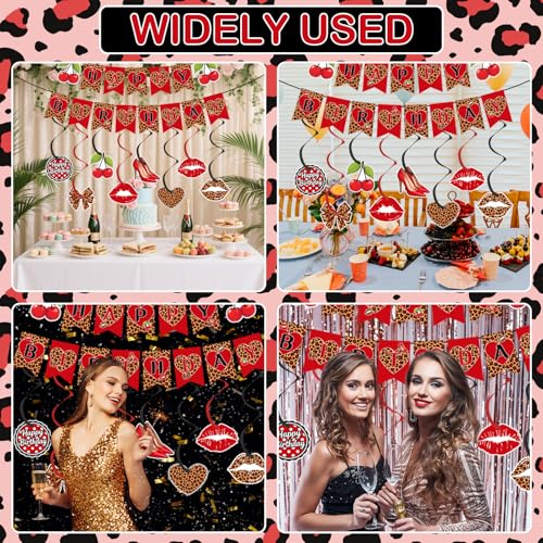 Cheetah & Cherry Birthday Decorations Set - Pre-Strung Banner & Swirls