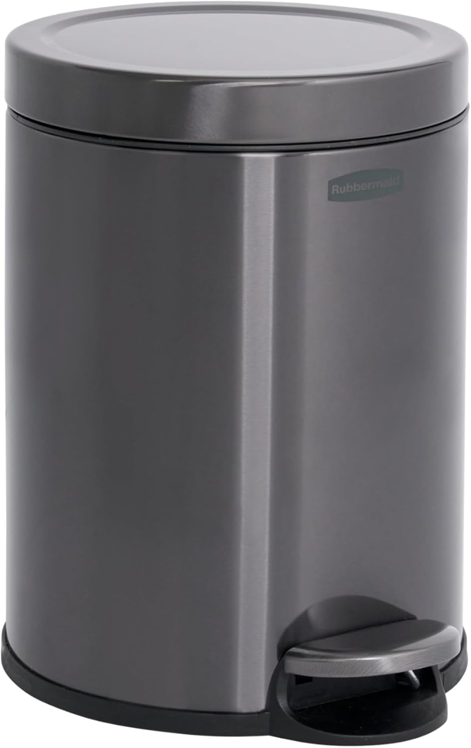 Rubbermaid Stainless Steel Round Step-On Trash Can - 1.6-Gallon Charcoal Wastebasket with Lid for Home & Office