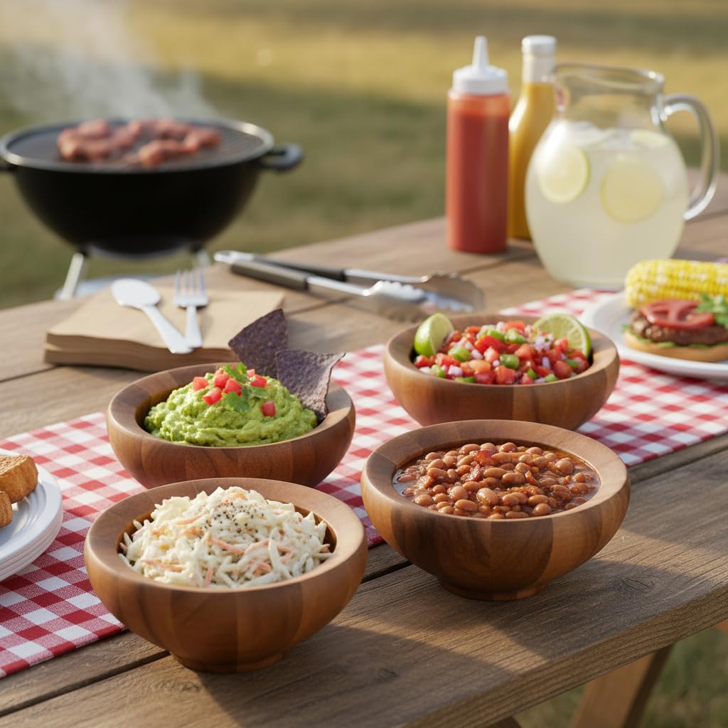 Nambe Yaro Individual Salad Bowls | Set of 4 | Serve Condiments, Dip, Sauce, Nuts, Olive, Salsa | Vegetable Prep Bowls | Made of Acacia Wood | Designed by Sean O’Hara (36-Oz)