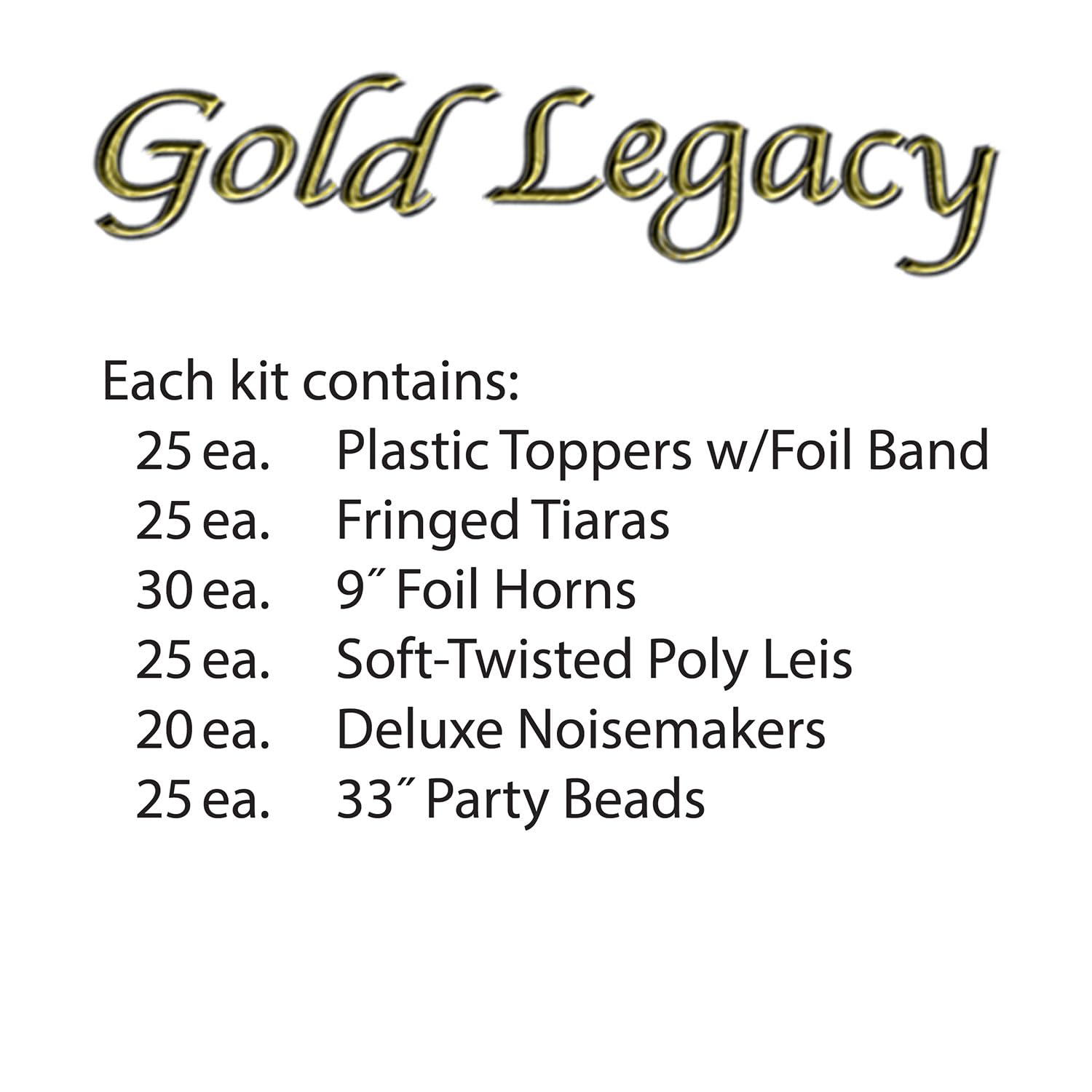 Beistle Gold Legacy Assortment for 50 People – New Year’s Eve Party Kit with Plastic Toppers, Fringed Tiaras, Foil Horns, Leis, Noisemakers and Bead Necklaces for Coordinated NYE Group Celebrations