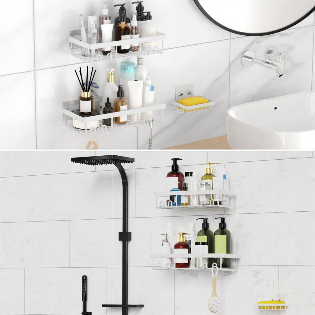 Moforoco Shower Caddy Basket Shelf - No Drill, Rustproof White Bathroom Organizer | 3-Pack with Soap Holder