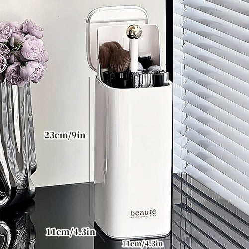 Esdallina Automatic Lifting Makeup Brush Holder with Lid Dustproof Cosmetic Organizers for Vanity-White