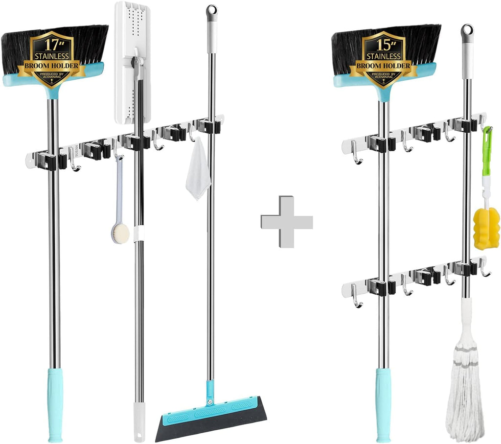 Skiennix Broom and Mop Holder - Wall Mounted Garage Organizer with 5 Racks & 4 Heavy-Duty Hooks
