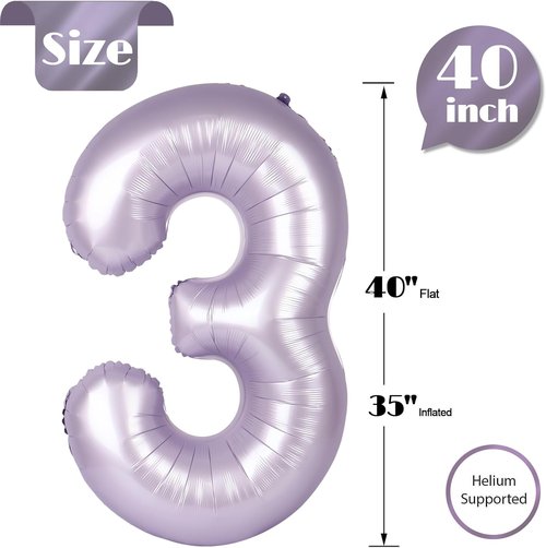 Lilac 3 Balloon - 40 Inch Lavender Number Balloon for 3rd Birthday Decorations | Kids & Women Party Supplies
