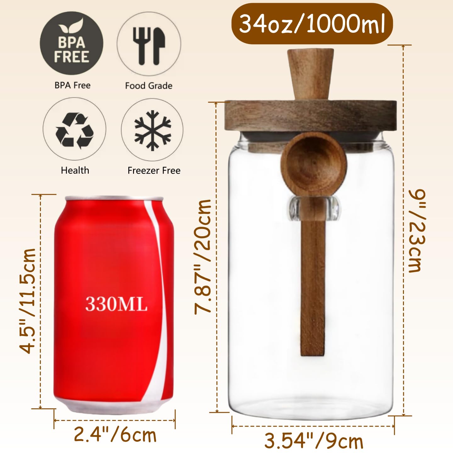 ANSQU 2 Pack Glass Jars with Wooden Lids & Spoons, 34oz Food Storage Containers Coffee Jar Coffee Grounds Container, Food Storage Canister