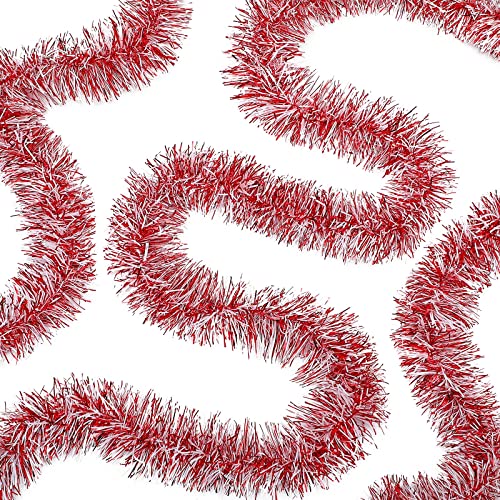Christmas Tinsel Garland 50 Feet - Red & White Holiday Decor, Flexible & Fluffy