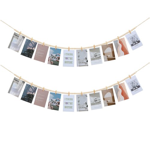 KLOGTSIND 2Pcs Hanging Photo Display with Clips, Boho Wooden Bead Garland Collage Picture Frame Wall Decor, Photo String with 10 Clips for Bedroom Room Dorm Cubicle Decor, Christmas Teen Girls Gifts