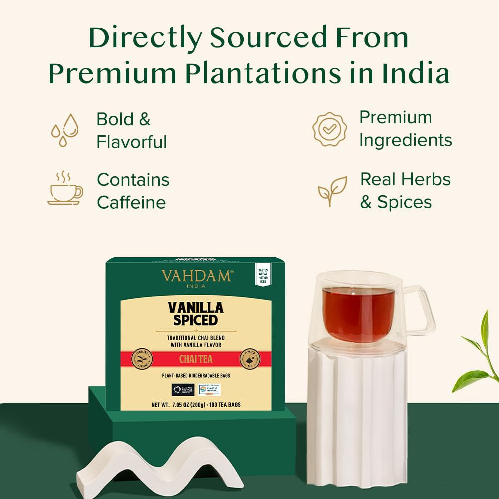 VAHDAM, Vanilla Spiced Chai Tea | 100 Tea Bags | Delicious Blend of Vanilla Masala Chai | Brew Hot, Cold or Iced