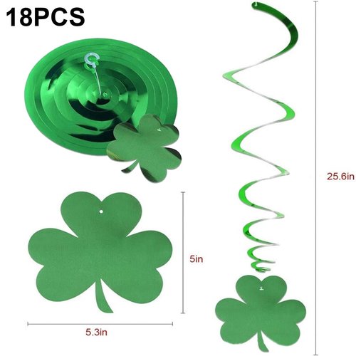 St Patricks Day Shamrock Hanging Swirls Ceiling Decorations 18pcs Glitter Green Spring Lucky Clover Foil Ornaments Garland for Tree Irish Holiday Wall Window Garden Wedding Party Home Decor