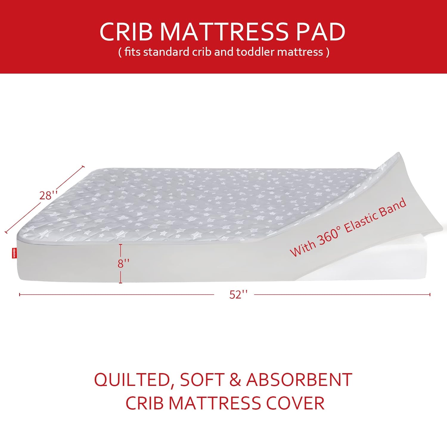 Skiennix Crib Mattress Protector - Waterproof Quilted Pad Cover | Extra Soft & Breathable, 52" x 28", Grey Star