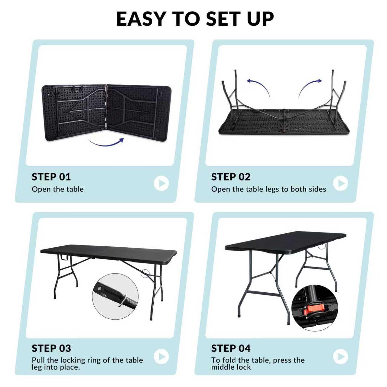 Vampire Killer Folding Table 6ft Foldable Table with Built in Handle & Steel Legs / 6FT Heavy Duty Folding Portable,Perfect for Party, Dining Indoor/Outdoor Events, Tailgating & Backyard BBQ, Black