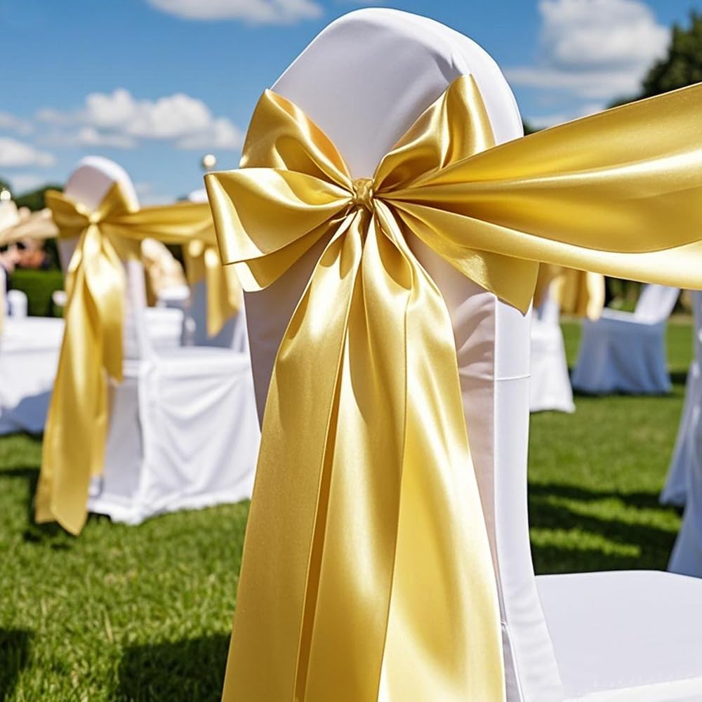 Skiennix Satin Chair Sashes Bows - 7x108 Inch Gold Ties for Weddings, Parties & Events | 50 Pack