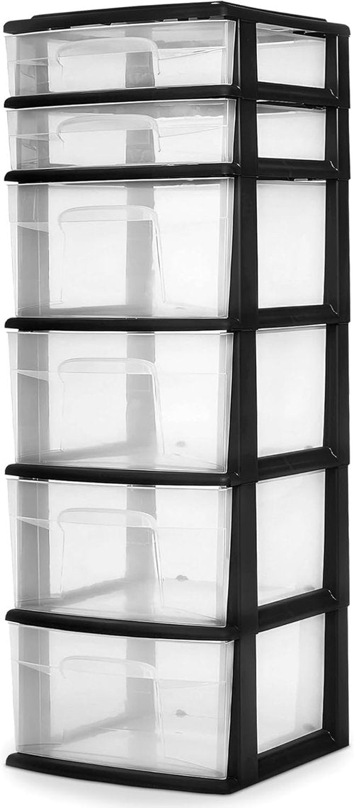 HOMZ 6-Tier Drawer Tower - Heavy-Duty Clear Plastic Storage Organizer Cart for Home & Closet