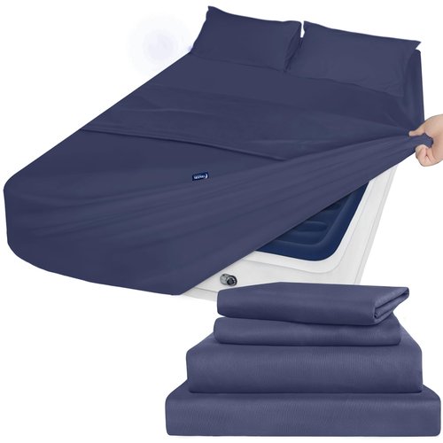 Moonsea Air Mattress Queen Sheet Set - Deep Pocket 4 Piece Queen Size Sheet Set - Breathable & Fade Resistant Easy Fits 16in to 24in Pillow Top Bed Mattress - Navy Blue