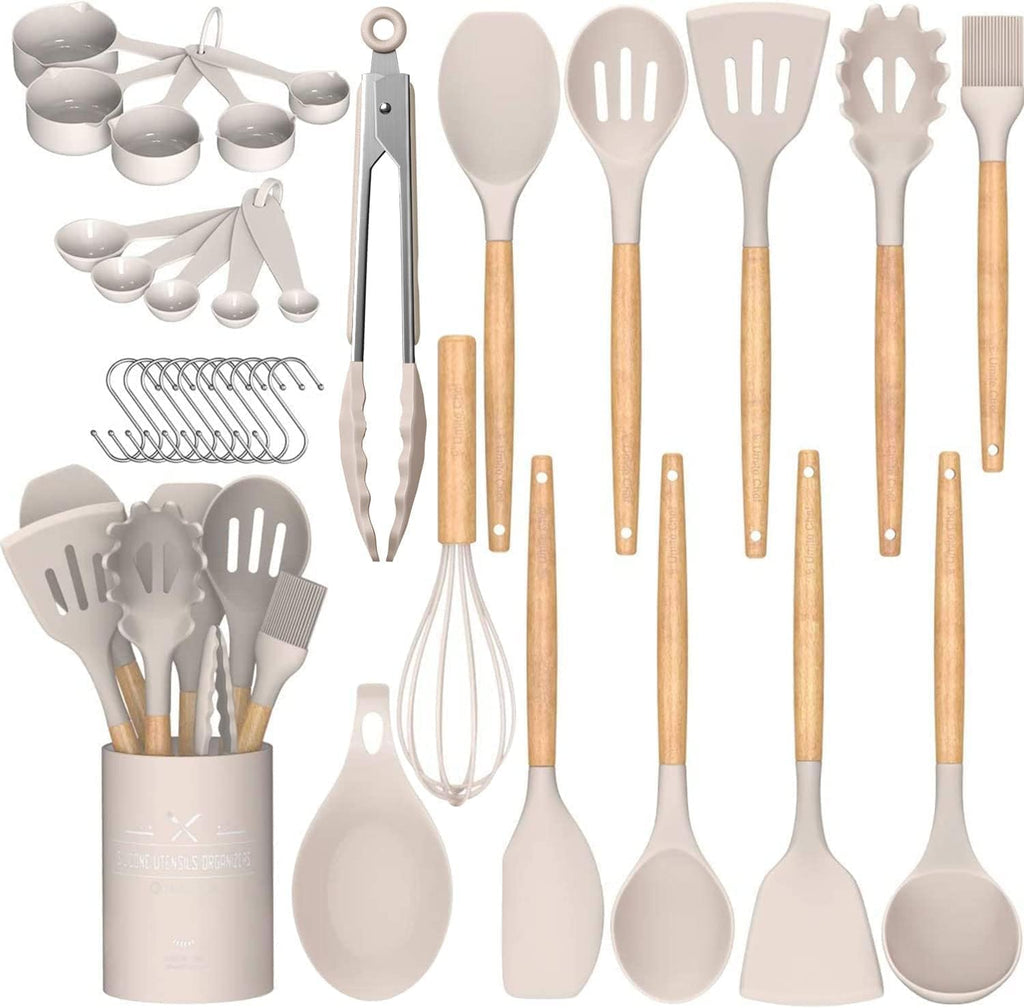 Umite Chef 33-Piece Non-Stick Silicone Cooking Utensils Set - Wooden Handle & Holder (Khaki)