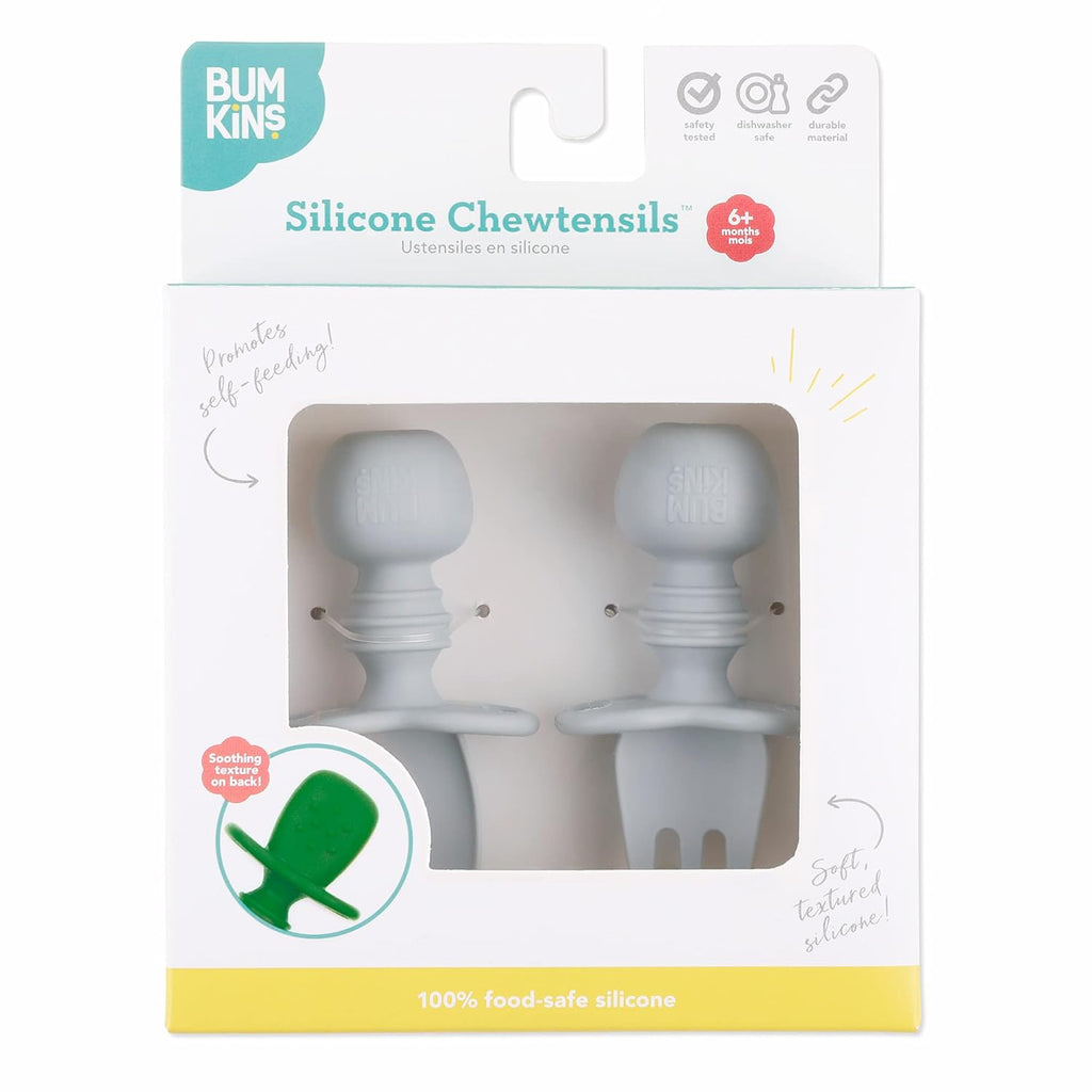 Bumkins Baby Utensils Set - Chewtensils Silicone Spoons & Fork for Self-Feeding | Gray, 6 Months+