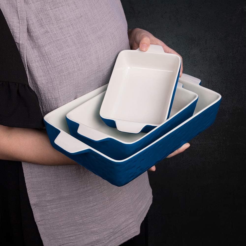 Regine Switzerland Casserole Dishes - Ceramic Baking Pan Set of 3 | Deep Porcelain Lasagna Pans (11.6" x 7.8", Dark Blue)