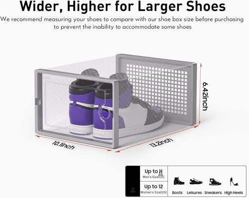 Kuject X-Large Shoe Storage Boxes - Clear Plastic Stackable Organizers | 12 Pack for Sneakers & Toys - Grey